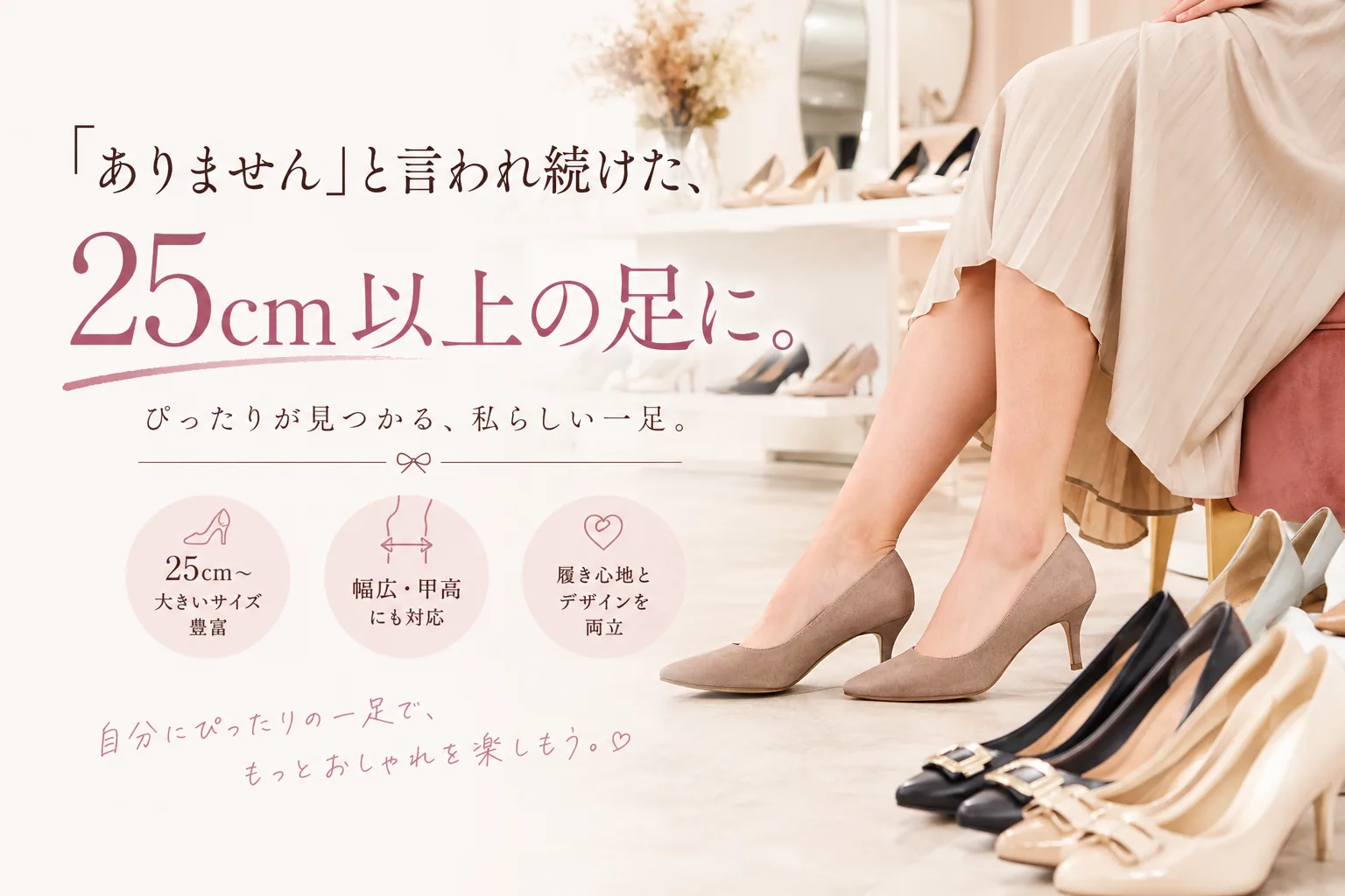 「ありません」と言われ続けた、25cm以上の足に。ぴったりが見つかる、私らしい一足。LADIES'KID