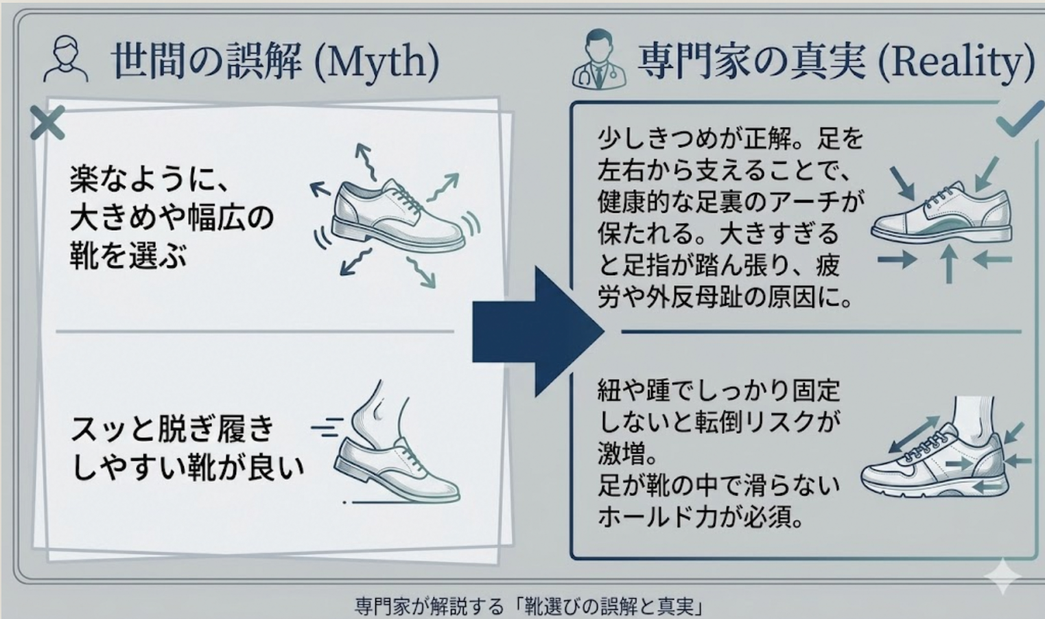 世間の誤解と専門家の真実の比較図