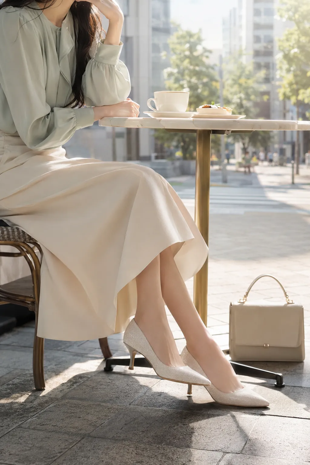 クリームグリッターパンプスを履いた女性、朝のカフェテラスで